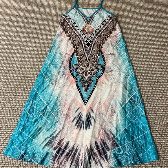 Dresses & Skirts - NWOT Boho Turquoise V-Neck Maxi Dress with Embellished Print